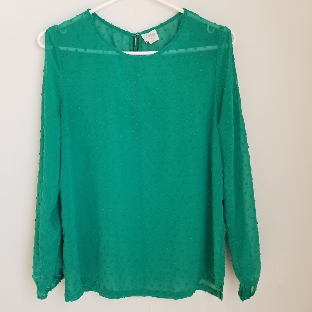 J. Crew Green Sheer/Chiffon‎ Swiss Dot Long Sleeve Open Shoulders Blouse S